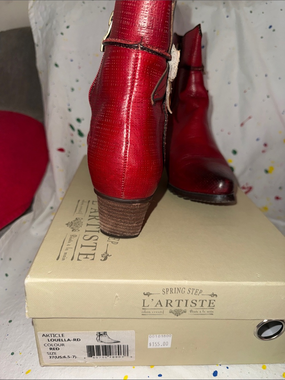 L'ATISTE Red Leather Western Ankle Boots with Floral Accent - Picture 3 of 5
